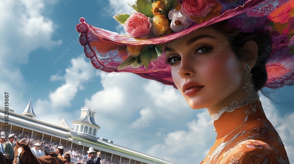 Fototapeta premium Horse racing fashion, woman wearing a fashionable colourful flower hat and fancy dress. Retro modern elegant sports event spring carnival, race track and horse background. Melbourne Cup in Australia.