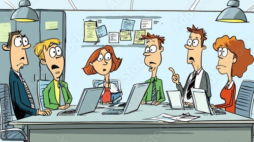 A light-hearted cartoon showing an office team struggling to adapt to a new change management process.