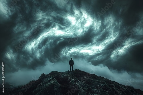 Powerful Silhouetted Figure Stands Tall Amidst Swirling Stormy Clouds on a Hilltop