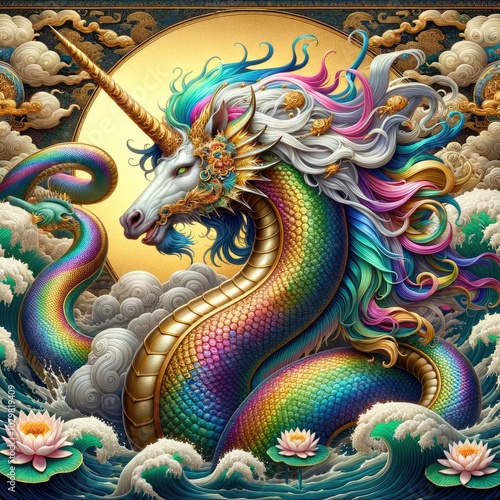 Majestic Mythical Fusion: A Hyper-Realistic Serpentine Unicorn-Dragon in an Ornate Oceanic Realm with Iridescent Scales, Flowing Multicolored Mane, Golden Horn, and Blooming Lotus Amid Swirling Waves