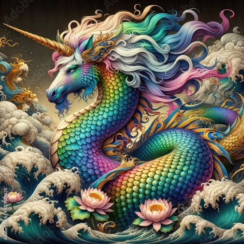 Wallpaper Mural Majestic Mythical Fusion: A Hyper-Realistic Serpentine Unicorn-Dragon in an Ornate Oceanic Realm with Iridescent Scales, Flowing Multicolored Mane, Golden Horn, and Blooming Lotus Amid Swirling Waves Torontodigital.ca