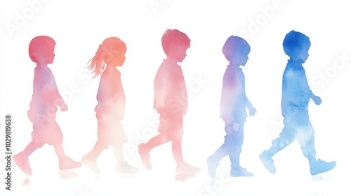 A group of children are walking in a line. The children are of different ages and sizes. The line of children is walking in a straight line, with some of them walking faster than others