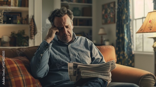 Man Reading Newspaper on Couch