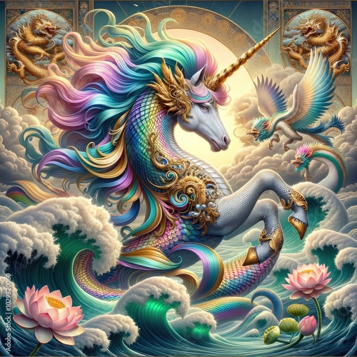 Majestic Mythical Fusion: A Hyper-Realistic Serpentine Unicorn-Dragon in an Ornate Oceanic Realm with Iridescent Scales, Flowing Multicolored Mane, Golden Horn, and Blooming Lotus Amid Swirling Waves