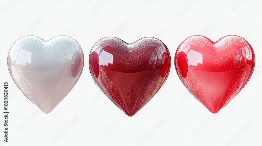Three hearts are shown in different colors, with the middle one being red. Concept of love and affection, as the hearts are often associated with these emotions Three hearts are shown in different colors, with the middle one being red. Concept of love and affection, as the hearts are often associated with these emotions