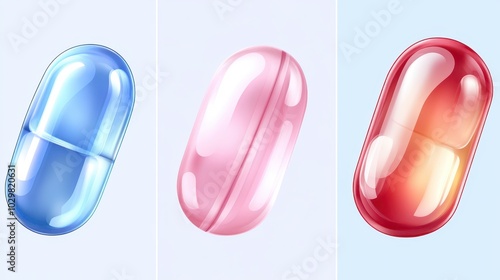 Three pills of different colors are shown in a row. The pills are blue, pink, and red