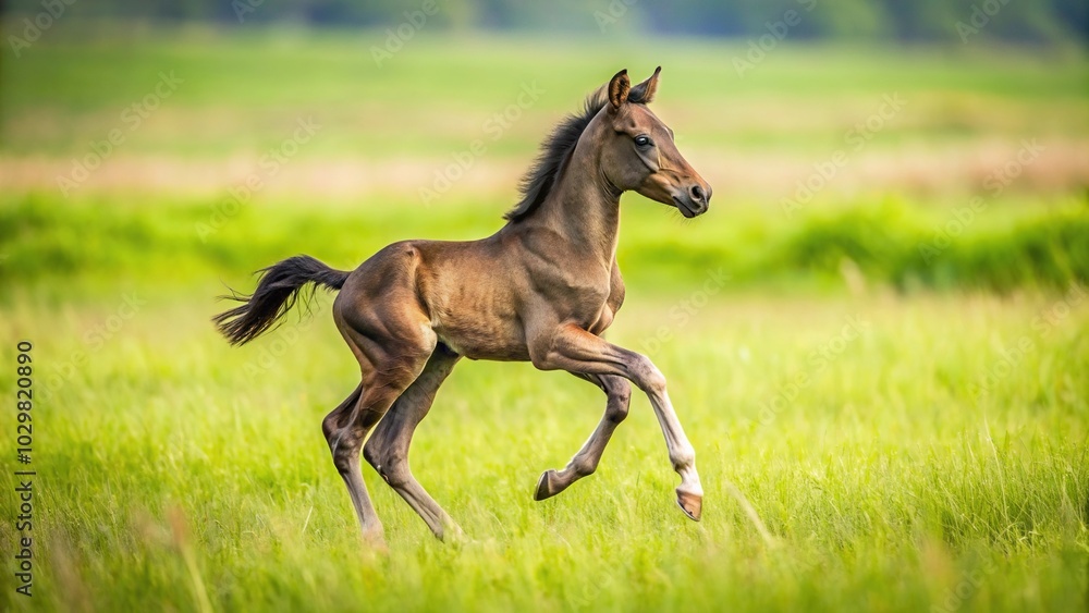 Symmetrical small foal Mangalarga breed dark brown stallion loose grassy field Symmetrical small foal Mangalarga breed dark brown stallion loose grassy field