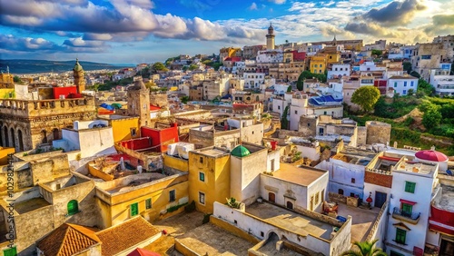 Aerial View of Traditional Moroccan Architecture in Tanger's Historic Medina with Vibrant Colors and Intricate Details, Showcasing the Essence of Moroccan Culture and Heritage