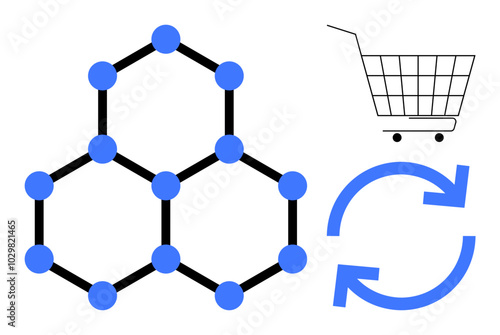 Network of hexagonal blue nodes connected by black lines adjacent to a shopping cart and refresh arrows. Ideal for e-commerce, logistics, online shopping, process management, network connection