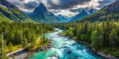 Aerial View of Turquoise Mountain River in Pine Woodland with Majestic Peaks in Innlandet County, Norway - Stunning Drone Photography of Natural Landscapes photo