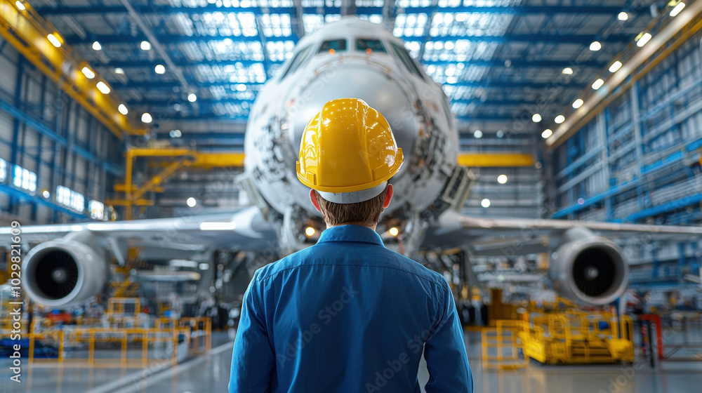 Aerospace engineer in hard hat observing large aircraft in hangar, showcasing intricate details of aviation technology and engineering Aerospace engineer in hard hat observing large aircraft in hangar, showcasing intricate details of aviation technology and engineering