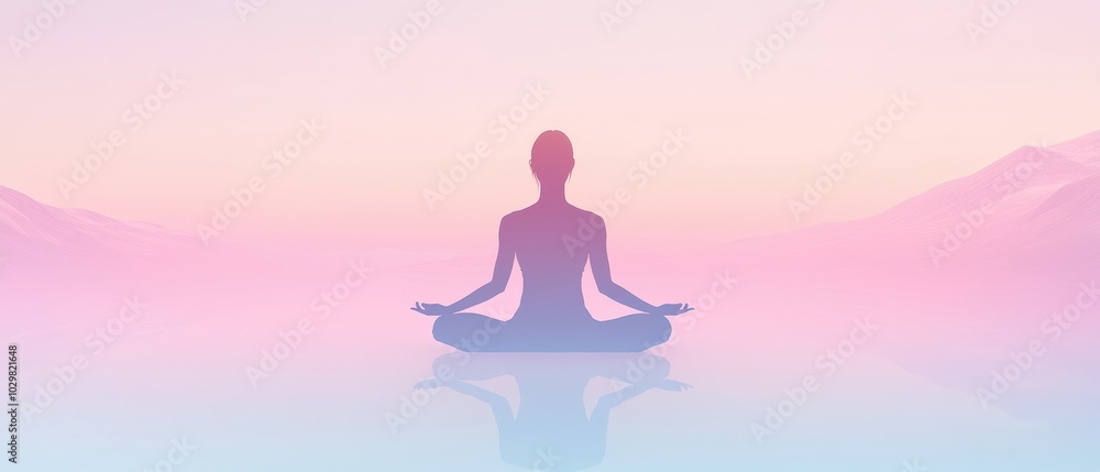 A woman is sitting in a lotus position on a lake. The sky is pink and the water is calm. Concept of peace and tranquility A woman is sitting in a lotus position on a lake. The sky is pink and the water is calm. Concept of peace and tranquility