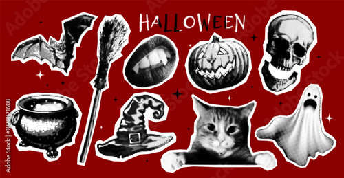 Halftone sticker Halloween vector of a spooky cat, pumpkin, bat, and skeleton.