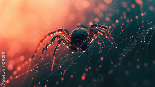 Close-up of Spider on Beautiful raindrops and spider's web trapped on tree branch. drops of dew on spider web and tree branches with natural sun light shining through 