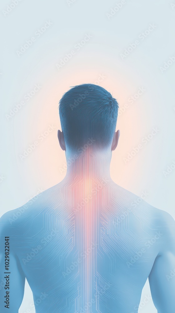 A man's body is shown in a blue and orange color scheme. The image is abstract and surreal, with the man's body appearing to be made up of lines and shapes. Scene is one of mystery and intrigue A man's body is shown in a blue and orange color scheme. The image is abstract and surreal, with the man's body appearing to be made up of lines and shapes. Scene is one of mystery and intrigue