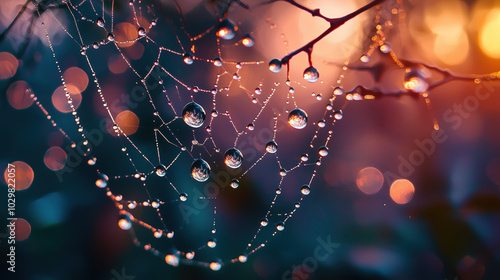 Beautiful raindrops on spider's web trapped on a branch. drops of dew on spider web and tree branches with natural sun light shining through 