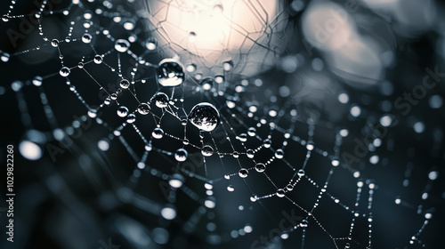 Beautiful raindrops on spider's web trapped on a branch. drops of dew on spider web and tree branches with natural sun light shining through 