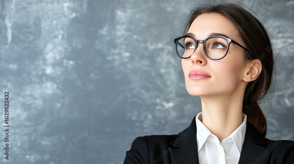Focused businesswoman in thoughtful expression, wearing glasses and suit, exuding confidence and professionalism Focused businesswoman in thoughtful expression, wearing glasses and suit, exuding confidence and professionalism