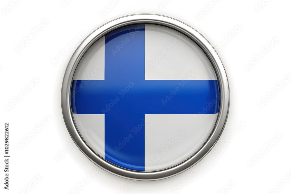 Circular Flag Pin of Finland - National Pride Symbol with Blue Cross Design, Vector Illustration, Isolated on White Background, Perfect for Celebrations, Events, and Educational Materials Circular Flag Pin of Finland - National Pride Symbol with Blue Cross Design, Vector Illustration, Isolated on White Background, Perfect for Celebrations, Events, and Educational Materials