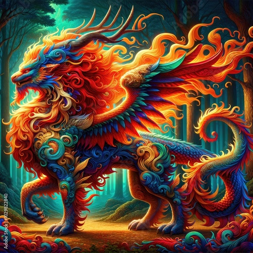 Guardian of the Enchanted Forest: A Hyper-Realistic Fiery Qilin-Dragon with Vibrant Wings, Ornamental Patterns, and Iridescent Scales Standing Majestically Amidst Sunlit Trees in a Mystical Woodland