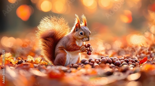 Captivating Squirrel Storing Acorns in Autumn Landscape