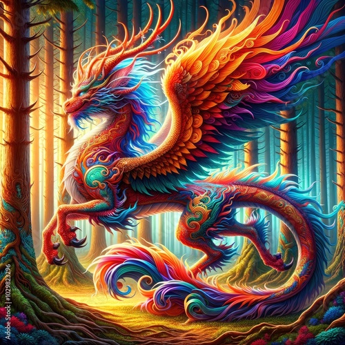 Obraz na płótnie Guardian of the Enchanted Forest: A Hyper-Realistic Fiery Qilin-Dragon with Vibrant Wings, Ornamental Patterns, and Iridescent Scales Standing Majestically Amidst Sunlit Trees in a Mystical Woodland w salonie