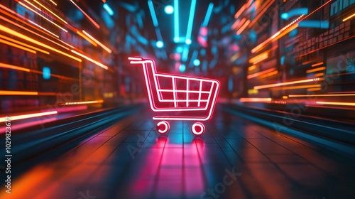 Cyber Monday shopping cart surrounded by neon lights and digital circuits