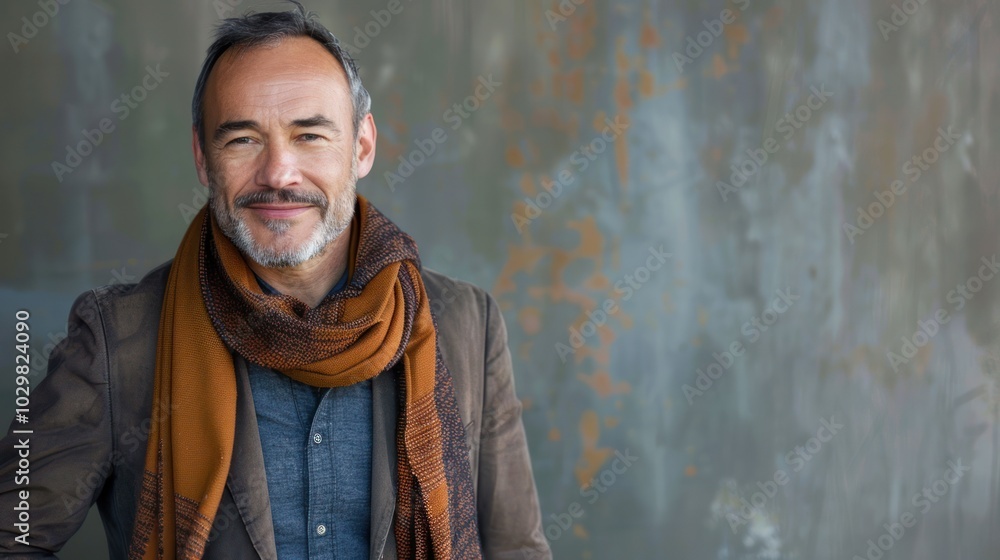 Smiling man in a brown jacket and scarf Smiling man in a brown jacket and scarf