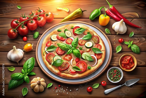 Delicious Italian Pizza Ortolana on Plate Surrounded by Fresh Ingredients, Perfect for Food Blogs and Culinary Projects photo