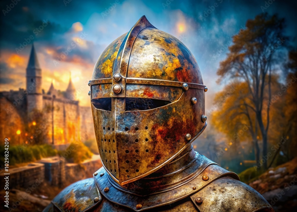 Double Exposure of Rusty Steel Knight Helmet with Army Elements for Unique Visuals Double Exposure of Rusty Steel Knight Helmet with Army Elements for Unique Visuals
