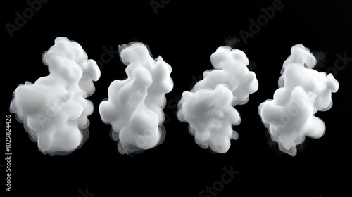 A series of white clouds on a black background. The clouds are all different sizes and shapes, creating a sense of movement and depth