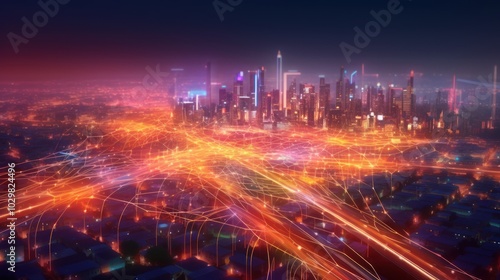 Cityscape at Night with Network Connections