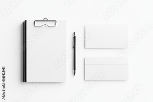 Minimalist stationery set featuring clipboard, blank business cards, and pen on clean white background. This arrangement is perfect for branding or design concepts