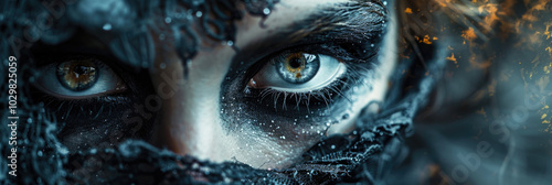 Mysterious eyes of woman with dramatic makeup and lace veil create intense and captivating atmosphere, evoking sense of intrigue and allure