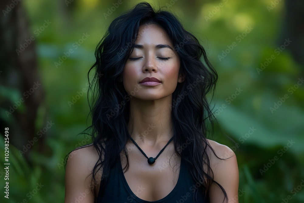 Serene Asian Woman in Peaceful Meditation Amid Lush Green Surroundings Serene Asian Woman in Peaceful Meditation Amid Lush Green Surroundings