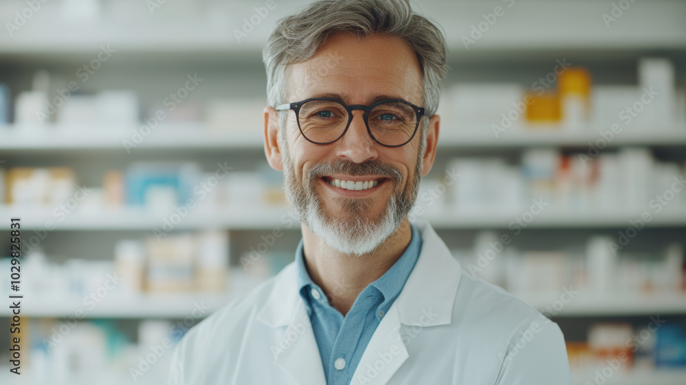 smiling male pharmacist in white lab coat stands confidently in pharmacy, surrounded by shelves filled with various medications. His friendly demeanor creates welcoming atmosphere for customers smiling male pharmacist in white lab coat stands confidently in pharmacy, surrounded by shelves filled with various medications. His friendly demeanor creates welcoming atmosphere for customers
