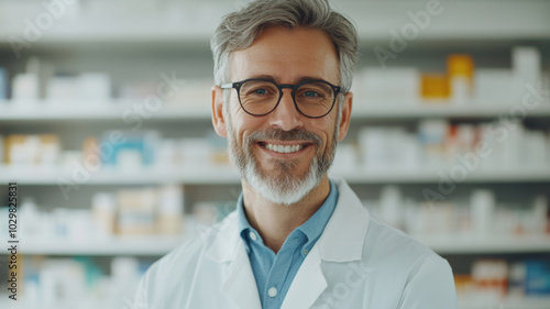 smiling male pharmacist in white lab coat stands confidently in pharmacy, surrounded by shelves filled with various medications. His friendly demeanor creates welcoming atmosphere for customers