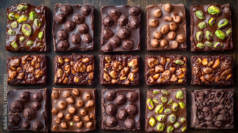 Dark Chocolate Squares with Pistachio Filling - Gourmet Confectionery Close-up Dark Chocolate Squares with Pistachio Filling - Gourmet Confectionery Close-up