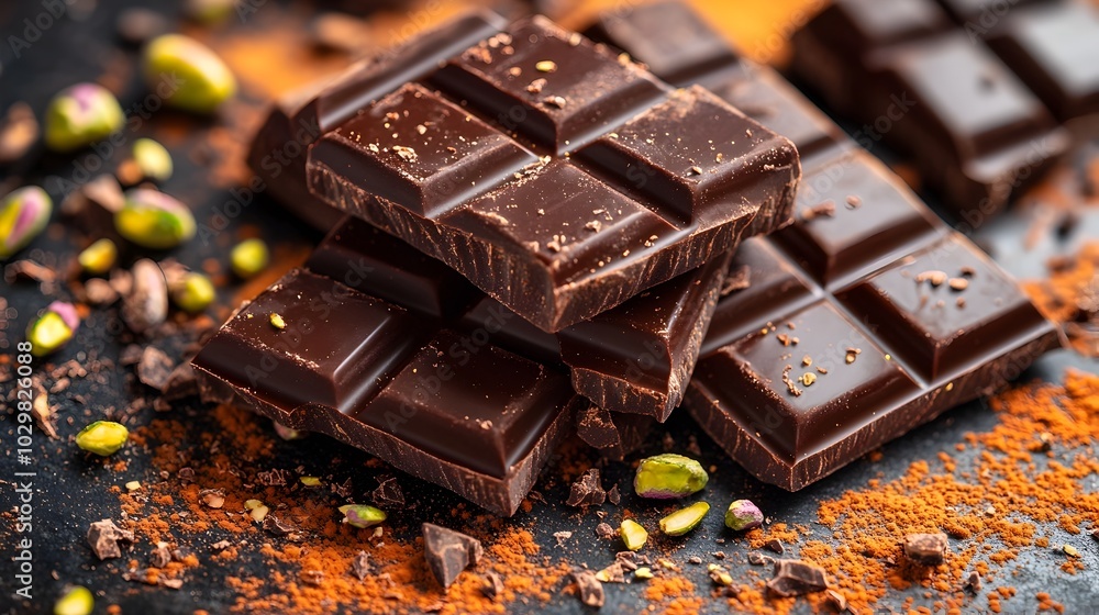 Artisanal Pistachio Chocolate Squares with Dramatic Textures and Shadows Artisanal Pistachio Chocolate Squares with Dramatic Textures and Shadows