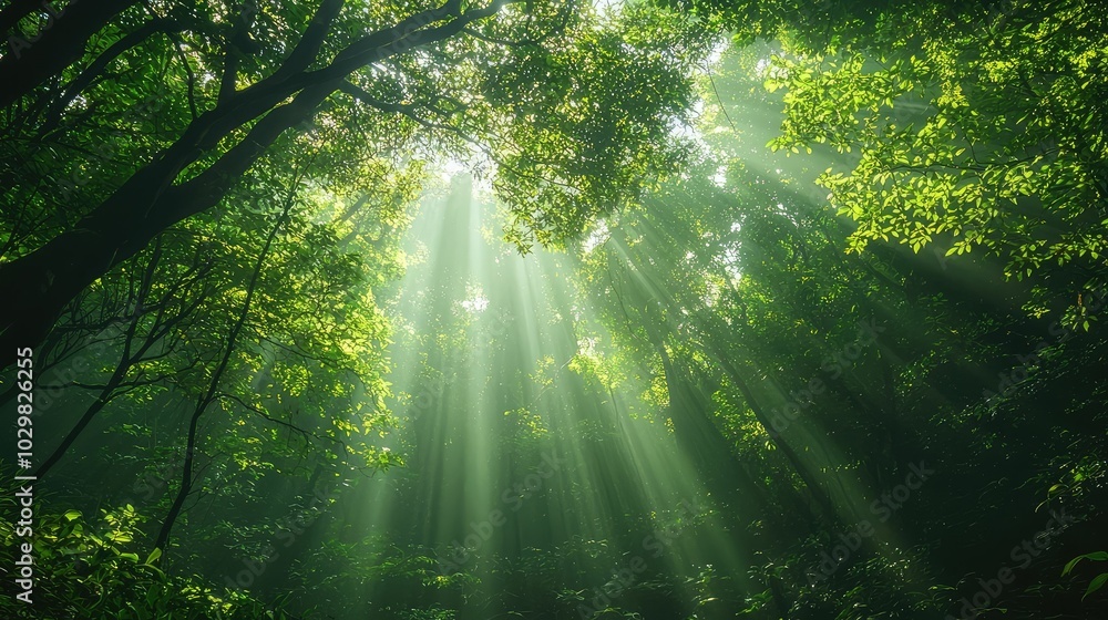 Obraz premium Lush Forest with Sun Rays Streaming Through Leaves