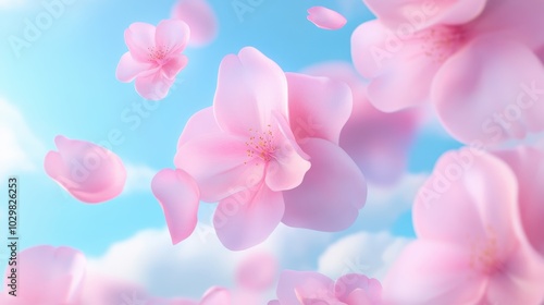 Pink flowers are floating in the air, with some petals falling to the ground. The image has a light and airy feel, with the pink flowers representing a sense of beauty and grace