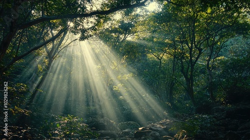 Lush Forest Scene with Sun Rays Streaming Through Trees