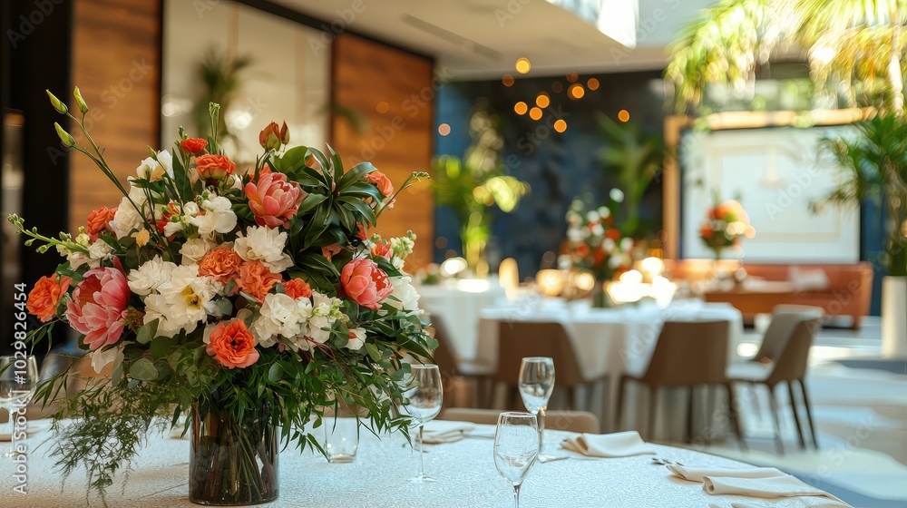 Obraz premium Modern Hotel Wedding Setup with Captivating Floral Arrangement