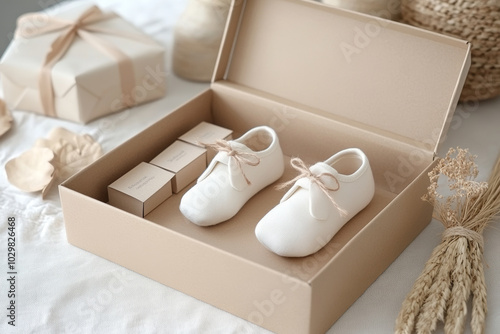 Soft white baby shoes elegantly presented in beige gift box, surrounded by delicate packaging and natural decor, perfect for newborn gift