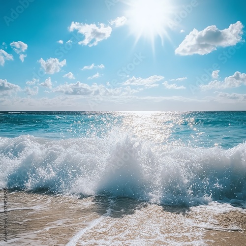 Vibrant turquoise ocean waves crashing into the beach with foam shimmering in the sunlight under a bright, clear sky photo