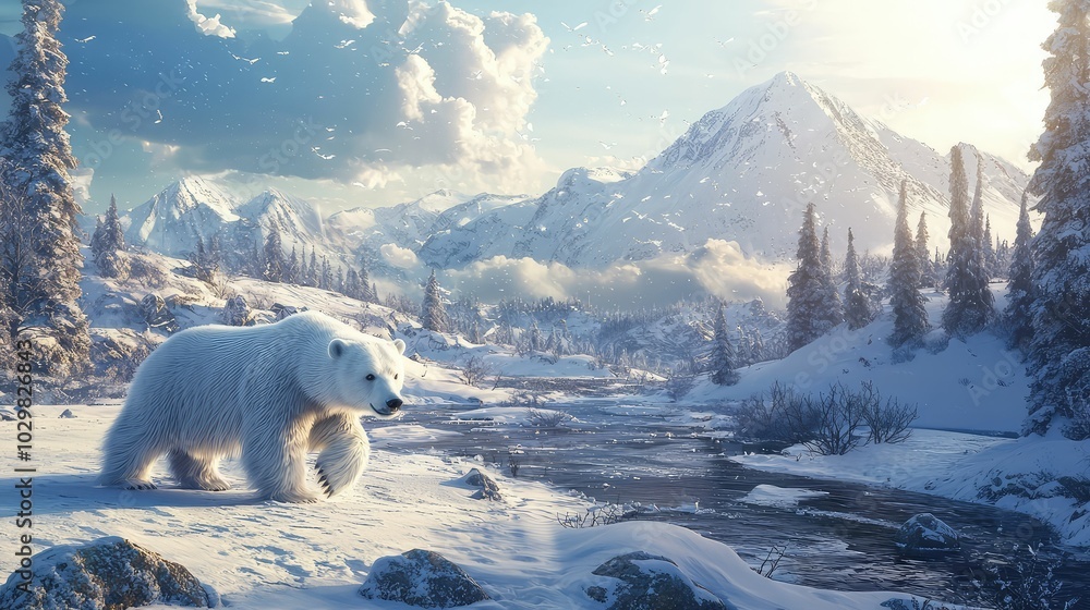 Snowy Landscape with Polar Bear and Majestic Mountains Snowy Landscape with Polar Bear and Majestic Mountains