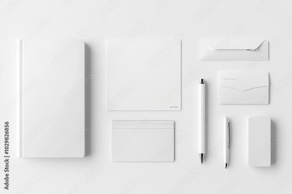 Minimalist stationery set including notebook, notepad, envelopes, business cards, and pens, all in white, creating clean and organized workspace aesthetic Minimalist stationery set including notebook, notepad, envelopes, business cards, and pens, all in white, creating clean and organized workspace aesthetic