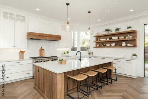 Modern kitchen design features spacious layout with large island, wooden accents, and stylish pendant lighting. white cabinetry and herringbone flooring create warm and inviting atmosphere