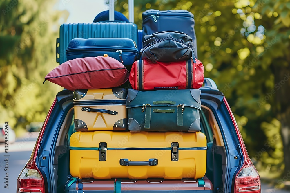 Pile of colorful travel suitcases in the car to go on vacation Pile of colorful travel suitcases in the car to go on vacation