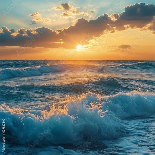 A serene turquoise sea with soft foam riding on the waves, as the golden sun sets and paints the sky with warm hues